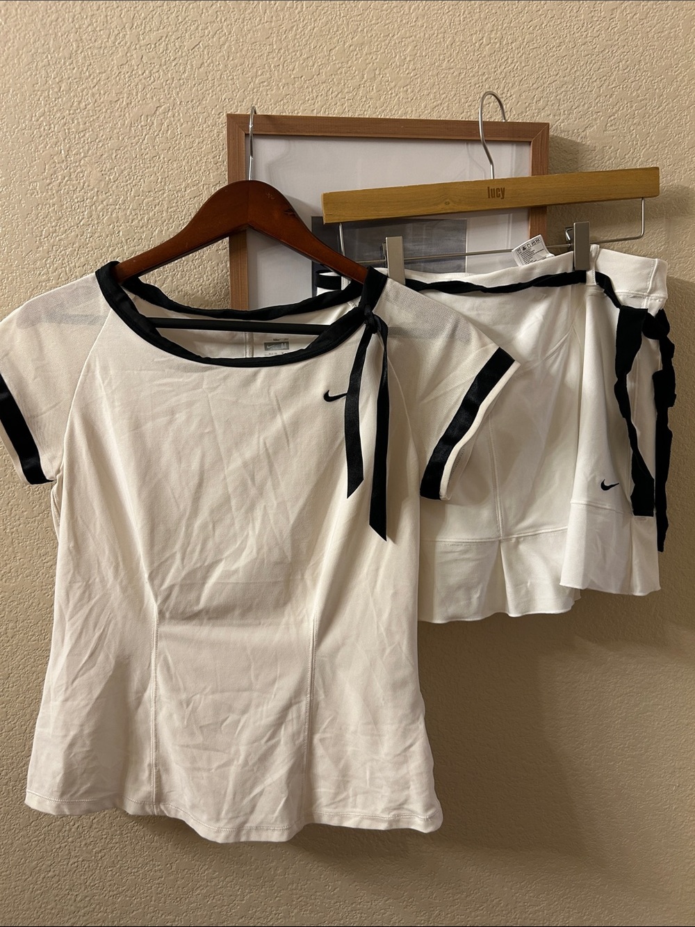 Nike White Short Sleeve Tennis Top with Black Trim and Tie size M